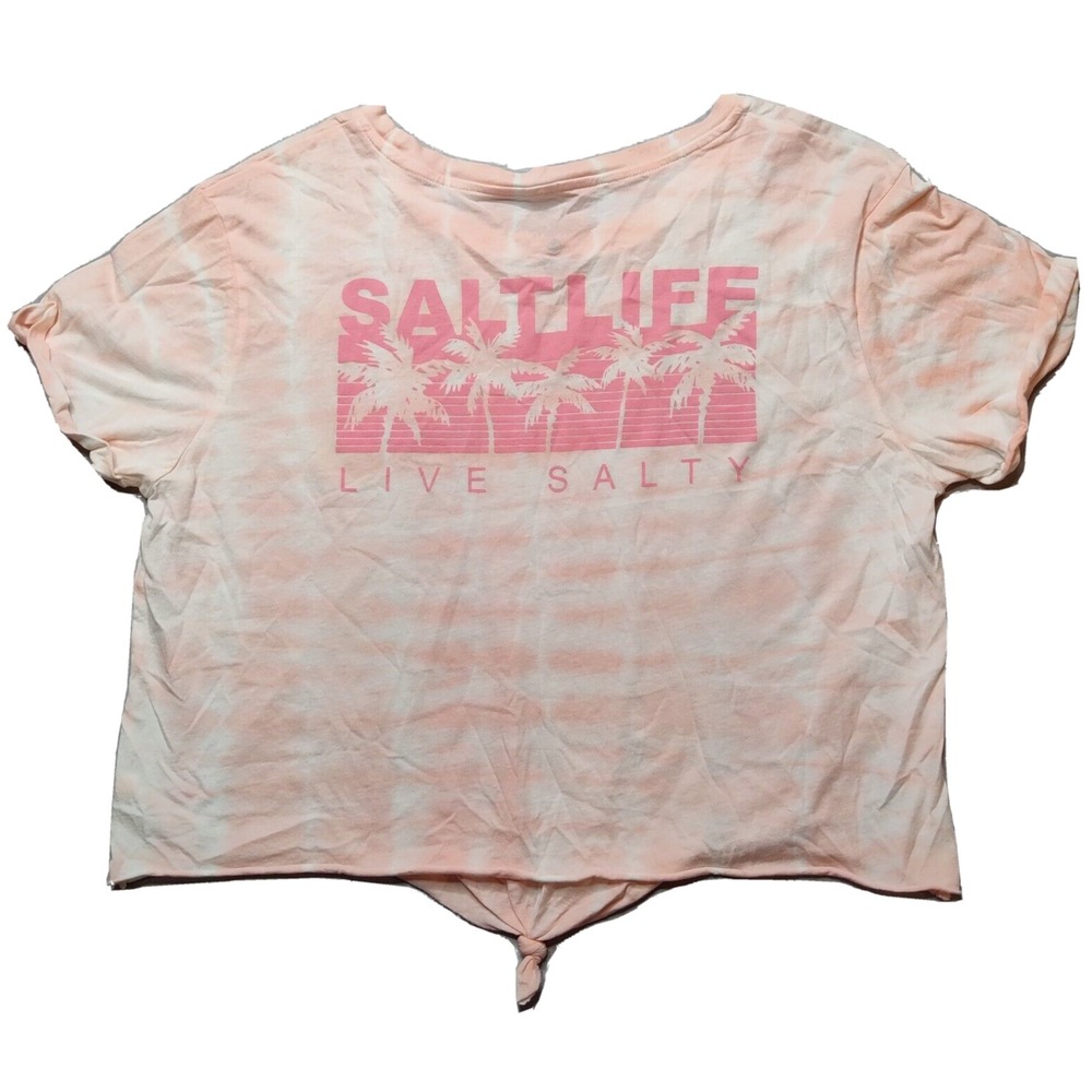 SALT LIFE LIVE SALTY Women XL Blush Dye Tie-Front Palm Tree Cropped T-Shirt NEW